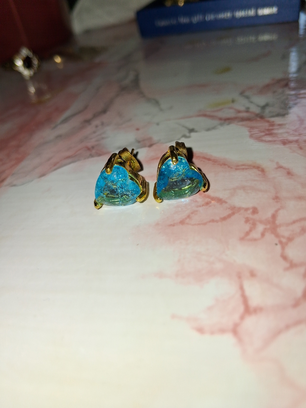Gold Heart Stud Earrings with Blue-Green Glass Hearts